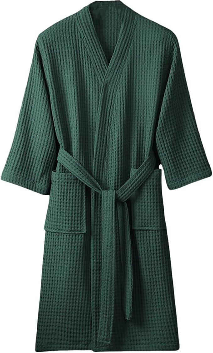 Men & Women Long Sleeve Kimono Bathrobe Lightweight Waffle Absorbent Spa Robe with Belt and Pockets