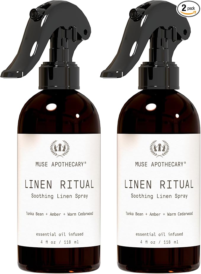 Muse Apothecary Linen Ritual - Aromatic, Soothing, and Relaxing Linen Mist, Laundry and Fabric Spray - Infused with Aromatherapy Essential Oils - 4 oz, Tonka Bean + Amber + Warm Cedarwood, 2 Pack
