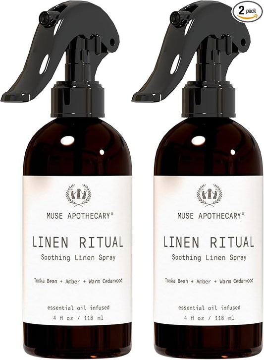 Muse Apothecary Linen Ritual - Aromatic, Soothing, and Relaxing Linen Mist, Laundry and Fabric Spray - Infused with Aromatherapy Essential Oils - 4 oz, Tonka Bean + Amber + Warm Cedarwood, 2 Pack