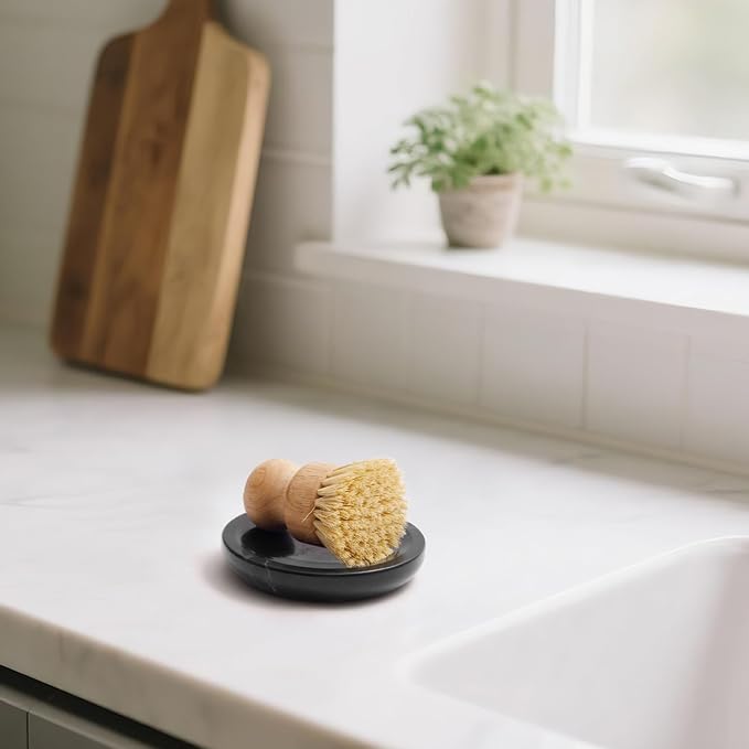 Marble Soap Dish Italy Natural Stone Sponge Holder for Bathroom Tub Shower Kitchen Sink, Handcraft Round Soap Case Organizer Trinket Plate Jewelry Tray Coaster for Home Decor Black (DL007)