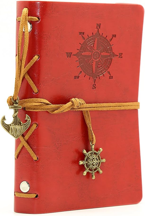 EvZ Retro Red Leather Journal - 5" Refillable Vintage Nautical Notebook with Anchor & Rudder Pendants - Small Spiral Blank Sketchbook for Travel, Poetry & Gratitude - Classic Embossed Diary, Wine Red