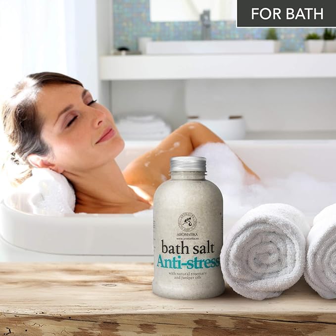De-Stress Bath Salt 21.16 Oz w/Natural Rosemary & Juniper Oils - Natural Bath Sea Salts 600g - Best for Good Sleep - Relaxing - Calming - Body Care - Beauty - Aromatherapy