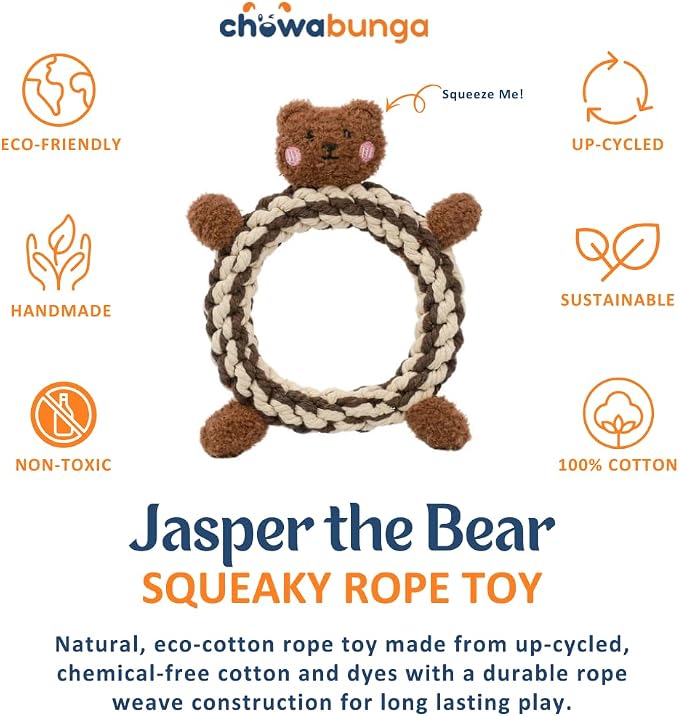 Soft Squeaky Dog Toys for Small Dogs - 6 Inch Handmade Eco Cotton Rope Squeaky Plush Dog Toys Natural, Non-Toxic Dyes - Squeaky Puppy Teething Toys Small Dog Squeaky Toys for Dogs - Jasper
