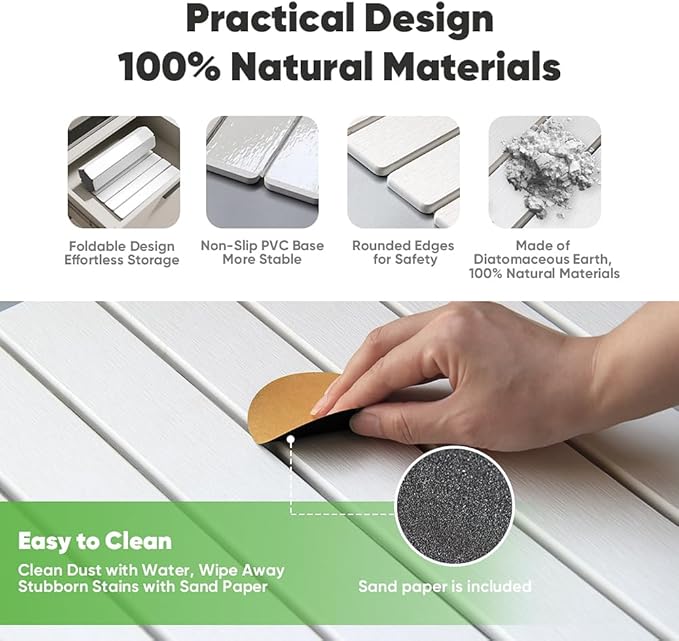 Stone Drying Mat for Kitchen Counter, Quick Diatomaceous Earth Mats for Dishes, 24"L x 16" W Super Absorbent Fast-Drying Collapsible Countertop Stone Mat (White, 24" x 16")