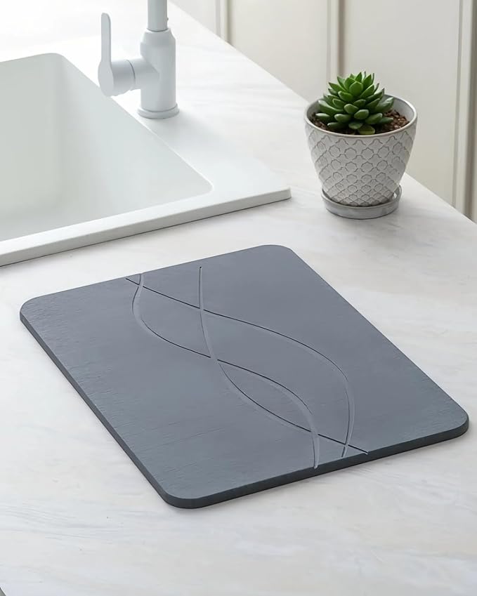 Stone Dish Drying Mat for Kitchen Counter, Super Absorbant Fast Drying Diatomaceous Earth Stone Dish Drying Mat Compact, Kitchen Mat Small Nonslip Heat Resistant, 15.8*11.8'',Gray