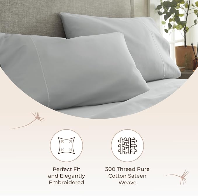 100% Organic Cotton Pillow Cases King Size Set of 2-100% Cotton Pillowcases GOTS Certified 300 Thread Count - Naturally Cooling Comfortable Breathable & Soft Pillow Cases (Shore, King)