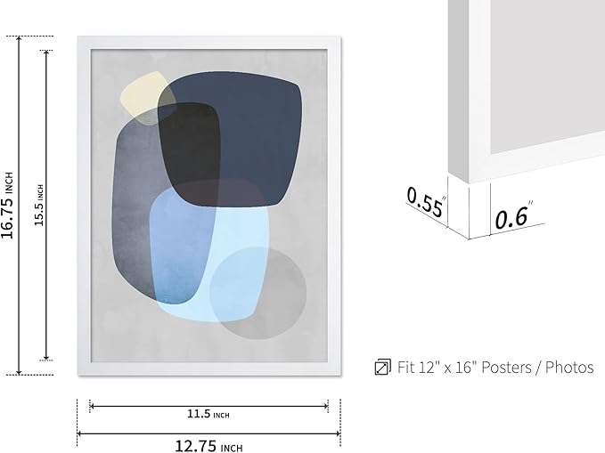 Monem Art Abstract Blue Shapes Print - Scandinavian Minimalist Art Poster - Wall Decor for Living Room, Bedroom or Office - 12x16 White Framed Wall Art by Mareike Bohmer
