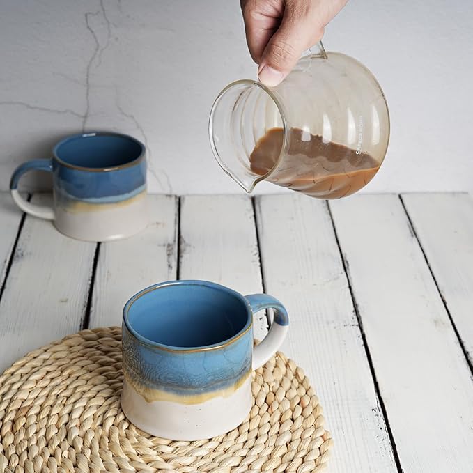Bosmarlin Large Stoneware Coffee Mug Set of 2, Big Tea Cup for Office and Home, 15Oz, Dishwasher and Microwave Safe (Blue, 2)