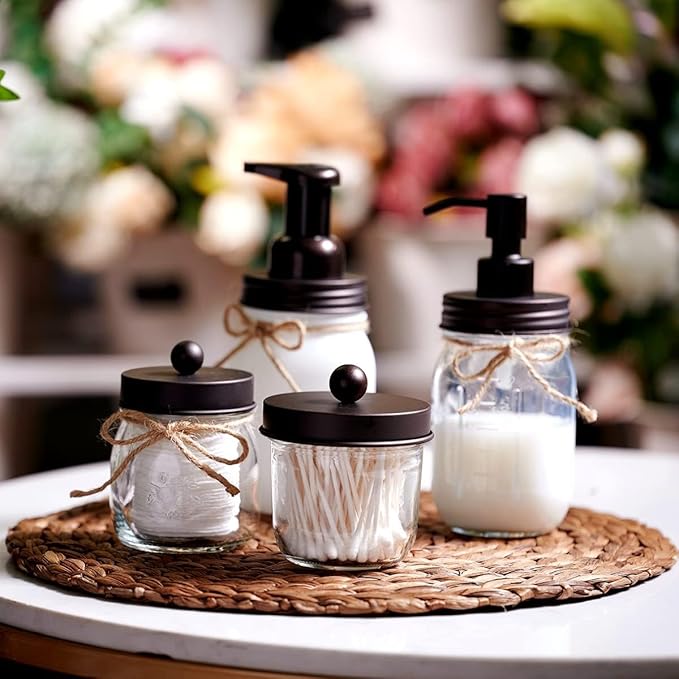 Amolliar Mason Jar Liquid Soap Dispenser, 16OZ Stainless Steel Pump Lid & Waterproof Stickers, Refillable Hand Soap, Dish Soap Dispenser for Kitchen, Bathroom Accessories Set, Farmhouse Decor, Bronze