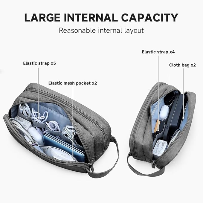 Teskyer Cable Organizer Bag, Travel Electronics Accessories Organiser, Protable Tech Pouch for Phone Chargers, Cables, Flash Drive, Power Bank, Hard Drive, Dark Grey, 23.5 x 12 x 9 cm, Double-Layer