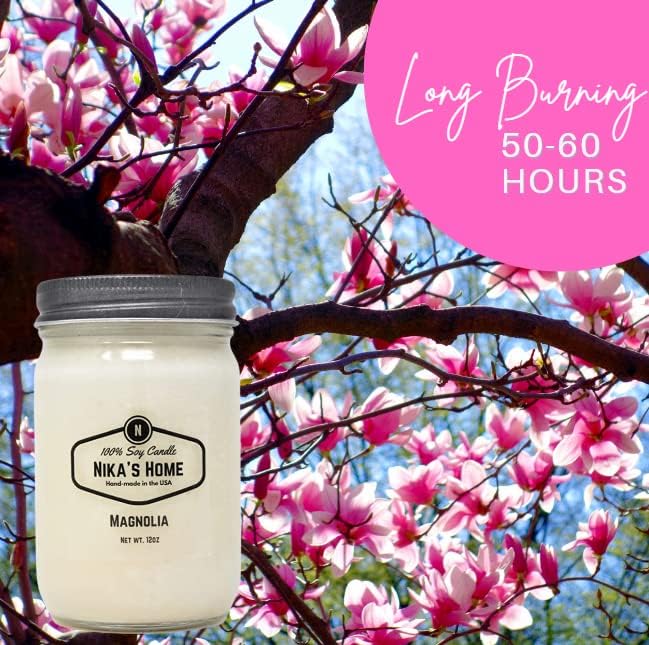 Nika's Home Magnolia Soy Candle - 12oz Mason Jar - Non-Toxic - Hand Poured in The USA, Long Burning 50-60 Hours Highly Scented All Natural, Clean Burning
