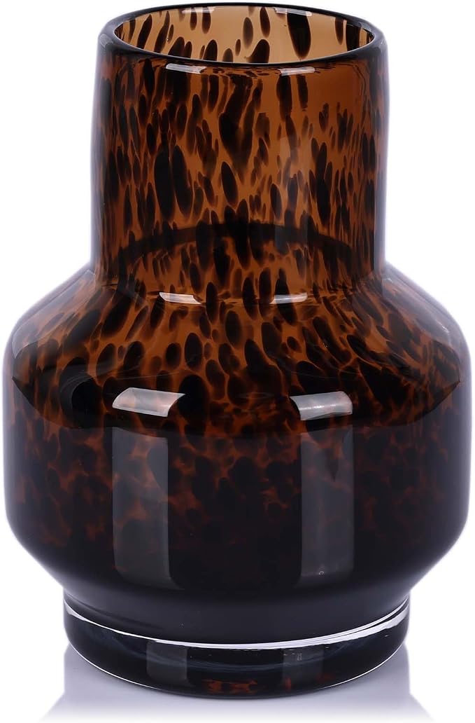 Amber Vase – Brown Glass, Modern Clear Glass Vase with Wide Mouth for Flowers, Decorative Bottles for Home Decor, Farmhouse Centerpiece, Tortoise Shell Art Glass Vase for Living Room, Kitchen, Office