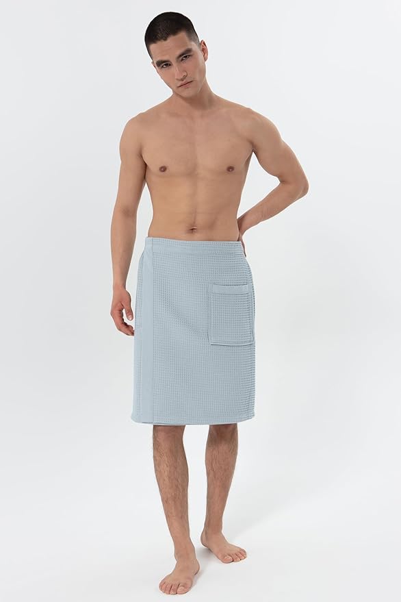SEYANTE Men's Organic Waffle Spa Wrap – GOTS Certified 100% Turkish Cotton, Adjustable Closure, Same-Color Piping
