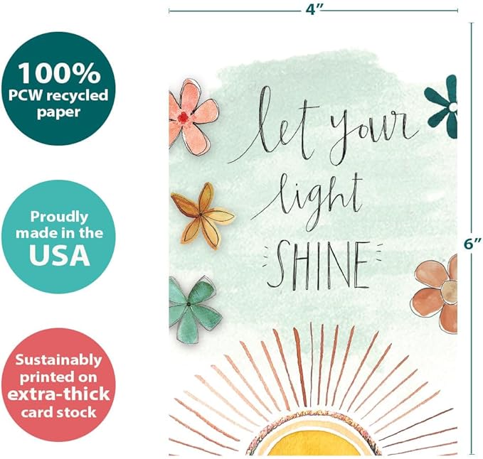 Tree-Free Greetings - Just Because Cards - Artful Designs - 12 Cards + White Envelope - Made in USA - 100% Recycled Paper - 4"x6" - Let Your Light Shine (FS65347)