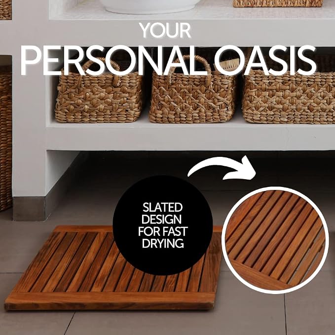 Nordic Style Premium Teak Shower and Bath Mat for Indoor and Outdoor Use - Non-Slip Wooden Platform for Spa, Sauna, Pool, Hot Tub - Flooring Decor and Protector (Oiled Finish, 23.62" x 17.75")