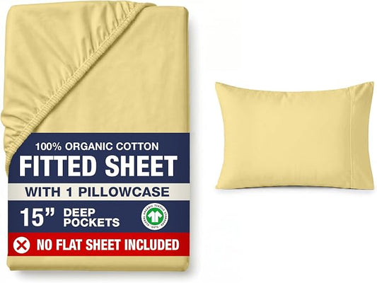 LANE LINEN Twin XL Fitted Sheet, 100% Organic Cotton 2-Piece Set (1 Fitted Sheet, 1 Pillowcase), Percale Weave, Bottom Sheet, Soft, Breathable, Fits Mattress Upto 15" Deep - Cocoon (No Flat Sheet)