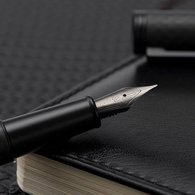 HONG DIAN 1861 Fountain Pen, Long Blade Nib, Black Carbon Fiber Design with Converter and Metal Pen Case Set