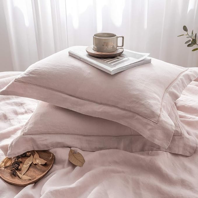 Simple&Opulence 100% Washed Linen Duvet Cover with Embroidered, 3 Pieces Soft Farmhouse Comforter Set with Button Closure,1 Duvet Cover and 2 Pillowshams(King, Dusty Pink)