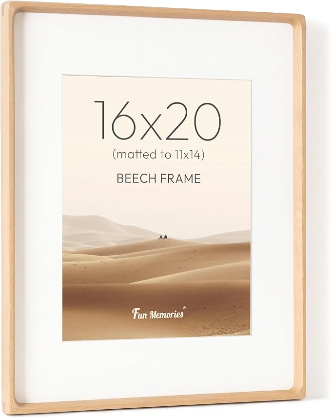16 x 20 Picture Frame, USA-Sourced Beech Wood Photo Frames with HD Tempered Glass, Handcrafted Rounded Corner 16x20 Wooden Frames Matted to 11x14 Photos, Horizontal or Vertical Wall Display