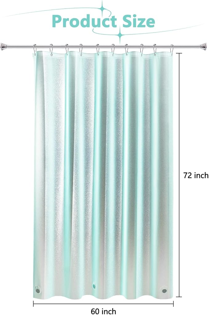 Seenus Teal Glitter PEVA Shower Curtain 60 x 72 inch, Waterproof Plastic Sparkle Shower Curtain Liner with 3 Large Magnets, Dreamy Shimmery Bathroom Stall Shower Curtain Aqua Green