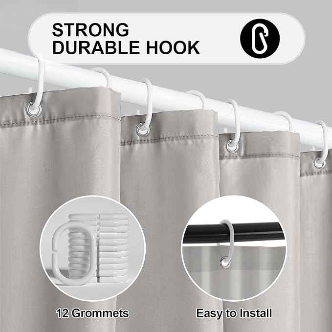 timecity Beige Shower Curtain Liner PEVA Bath Curtain with 3 Magnets Thickened Waterproof Quick Drying Shower Curtain Set with 12 White Plastic Hooks Shower Liner for Bathroom Shower,71x71inch