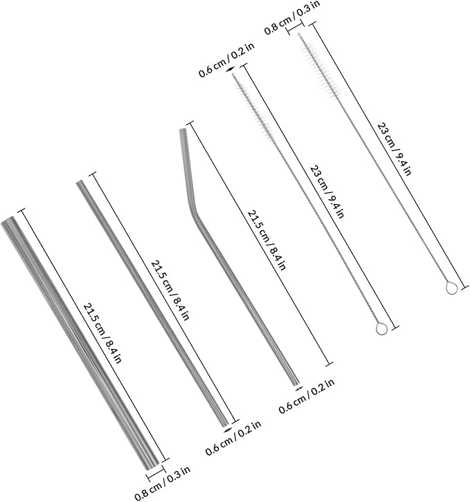INOOMP Stainless Steel Reusable Smoothie Straws Set with Bent and Straight Metal Straws Gold-plated Thickened Silver Color Includes Cleaning Brush and Storage Pouch Eco-friendly