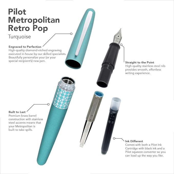 Goldspot Personalized Pilot Metropolitan Retro Pop Fountain Pen in Custom Engraved Pen in Turquoise