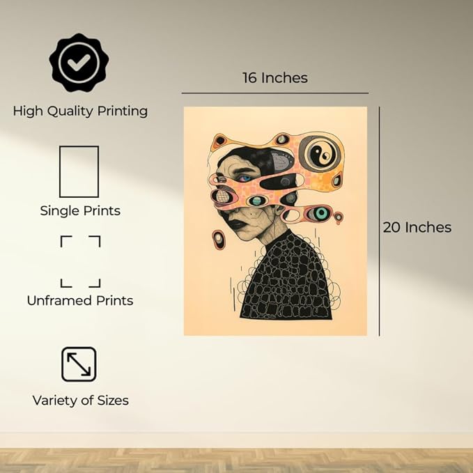 InkFlow Posters Surreal Abstract Portrait Poster - Creative Line Art with Bold Eyes and Geometric Patterns - Modern Graphic Print for Living Room, Bedroom, Office - 16x20 Unframed Canvas Print
