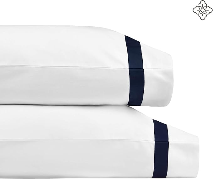 BIOWEAVES 100% Organic Cotton Banded Pillow Cases Soft Sateen Weave GOTS Certified – Standard/Queen Size, Set of 2, White & Navy