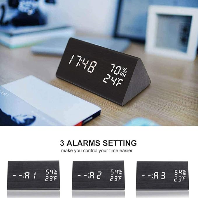 Digital Alarm Clock, Wooden Alarm Clock with Electronic LED Time Display, Humidity & Temperature Detect 3 Alarm Settings 3 Level Brightness Electric Clock for Bedroom Bedside Desk (Black wood)