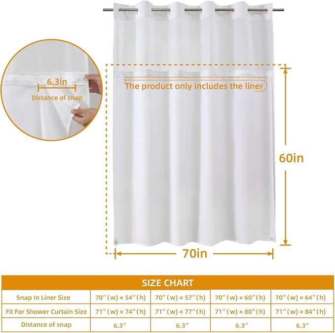 eachope 2 Pack Fabric Snap-in Shower Curtain Liner Replacement,Compatible with No Hook Shower Curtain with Snap in Liner, Removable & Water-Repellent,Machine Washable,70x60,White