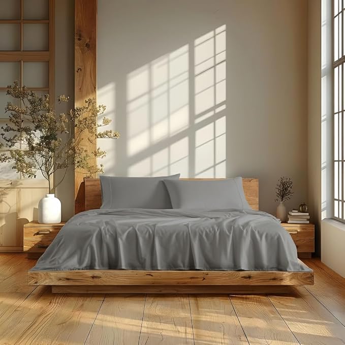 Linen Closet 4Pc 100% Organic Cotton Queen Sheet Set, Grey, 300 Thread Count, Naturally Derived EarthColors, Deep Pocket Fitted Sheet (Up to 18"), Smooth & Soft Bed Sheets Set, Juego De Sábanas Queen