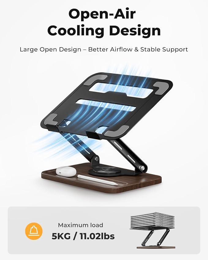 SupeDesk Adjustable Laptop Stand with 360° Rotating Base, Ergonomic Laptop Riser for Desk, Ventilated Notebook Stand with Storage Tray, Wood Base & Silicone Pads for Laptops, Tablets & Books