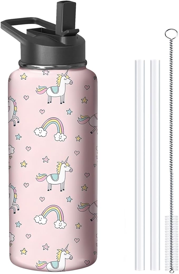 18oz Pink Unicorn Water Bottle with Handle and Flip Straw, Animal Sports Stainless Steel Insulated Cup Travel Coffee Mug Tumbler, Birthday Mothers Day Chritmas Gifts for Women