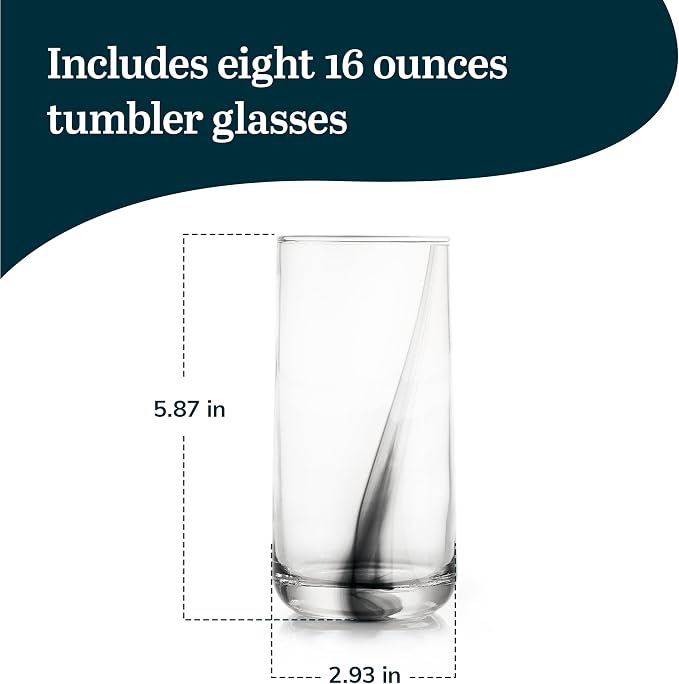 Libbey Black Ribbon Drinking Glasses Set of 8, 16 Oz Sleek Ribbon Accent Drinking Glass Cups, Durable Water Glasses Set for Soft Drinks, Iced Tea