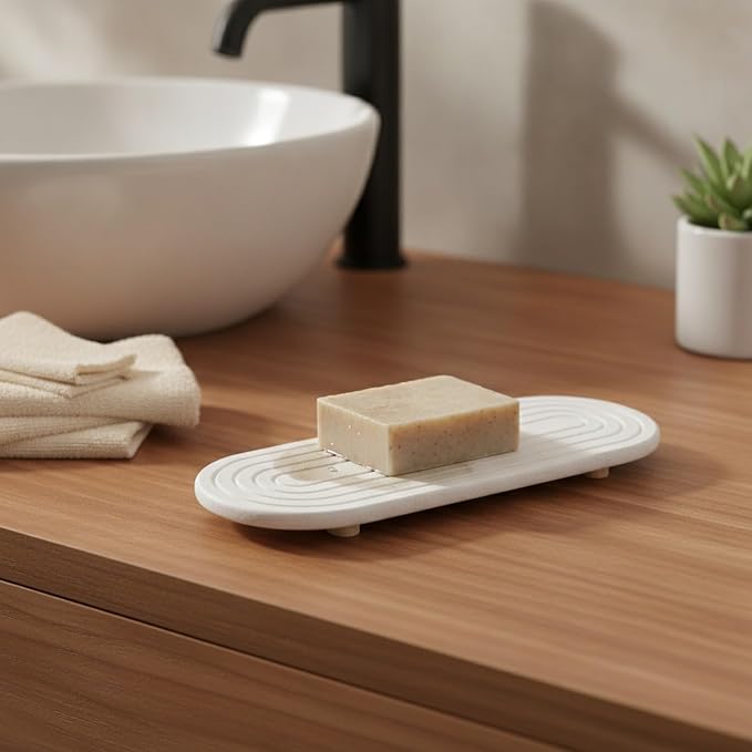 Bathroom Sink Counter Organizer, Diatomite Soap Dish with Wooden Stand, Stone Tray for Bar Soap (1 PC)