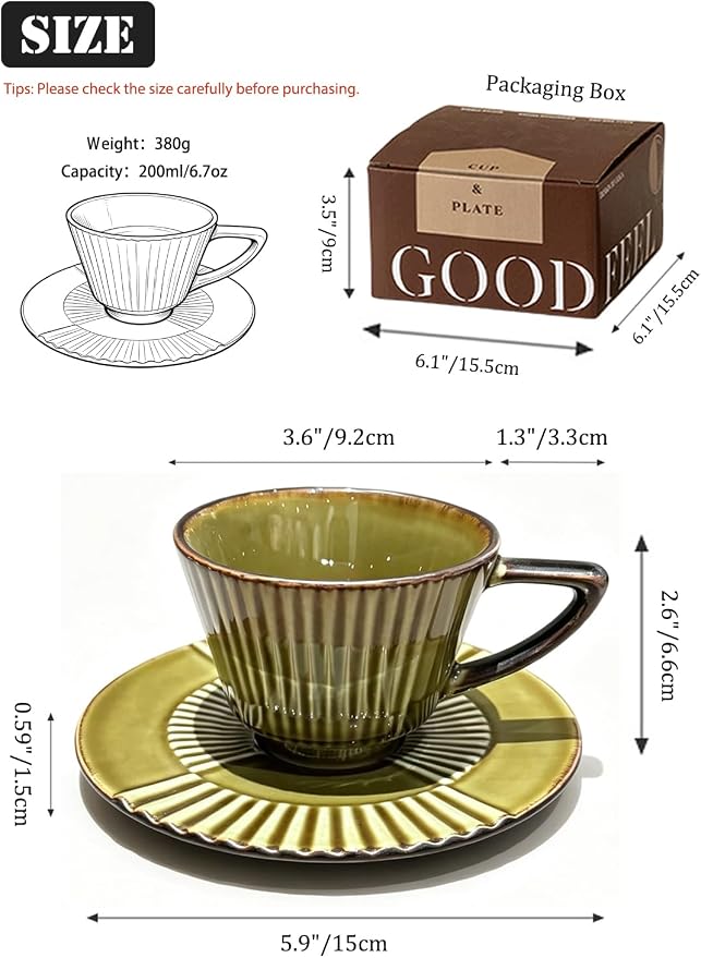 Ceramic Coffee Cup and Saucer Set, 6.7 oz Espresso Cup Set with Plate, Olive Gold Ceramic Tea Cup for Latte, Cappuccino, Coffee Bar and Kitchen Décor