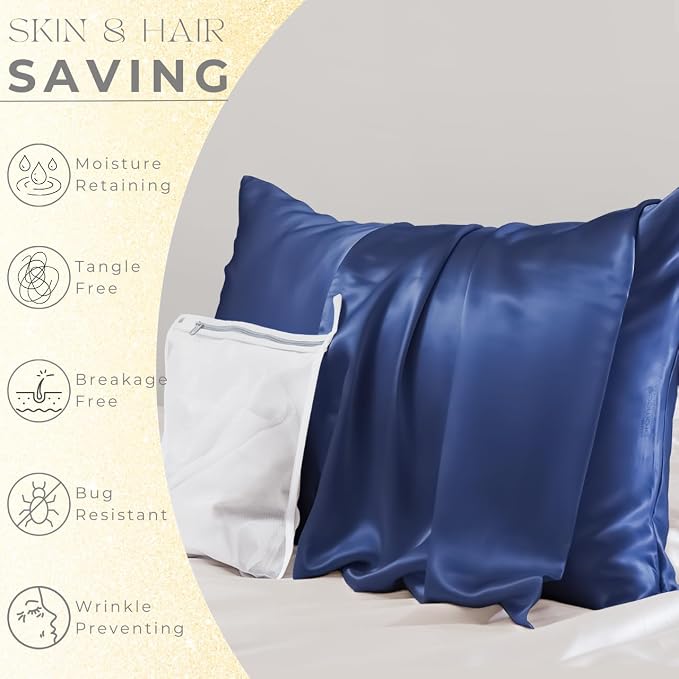 PROMEED 23 Momme Silk Pillowcase 2 Pack with Zipper, 3rd Gen Grade 6A+ 100% Mulberry Silk Pillow Case Set of 2, Cooling Pillow Cases for Hot Sleepers (King 20"x36", Navy)