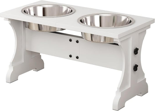 Piskyet Elevated Dog Bowls,Farmhouse Dog Bowls Stand, Raised Dog Bowl with 2 Stainless Steel Wooden Dog Bowls,7 Cups 11''H_55 oz Bowl-White, GWJ-01