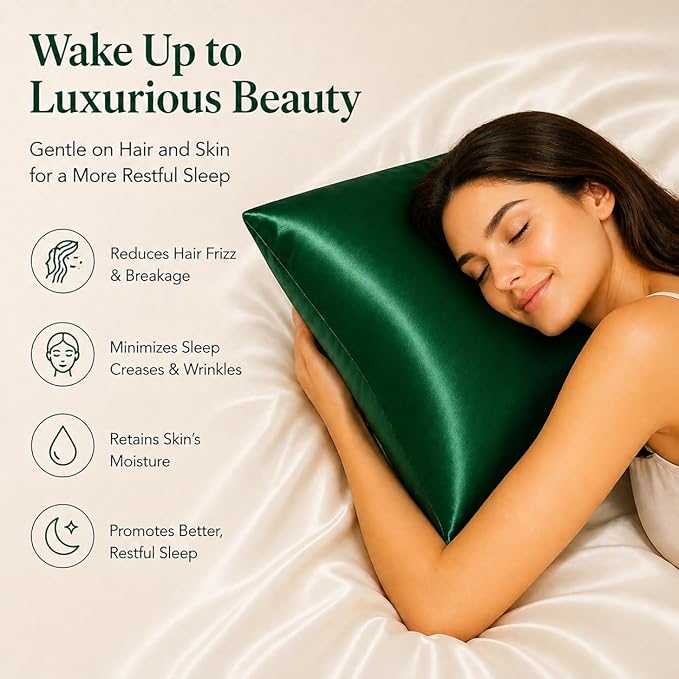 100% Mulberry Silk Pillowcase for Hair and Skin Made in USA, Real 22 Momme King Silk Pillow Cases with Zipper, Organic, 6A Grade, Washable, Anti Acne, 1 Pc 20"x36" (King, Emerald)
