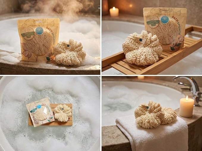 Organic Bath Sponge/Natura Bath Organic Cotton Bath Sponge – Ultra Soft Natural Body Sponge for Shower, Gentle Exfoliating Bath Sponge for Sensitive Skin, Reusable Eco-Friendly Shower Sponge