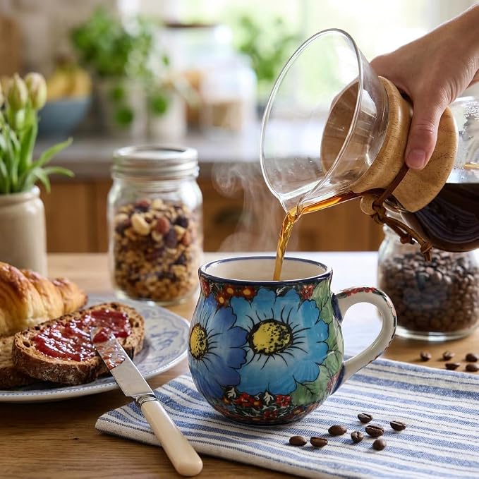 ALMA 12oz Handpainted Ceramic Coffee Mugs | Microwave & Dishwasher Safe, Ideal for Morning Coffee Tea, Home Kitchen Dining Room Display, For Home Makers & Women