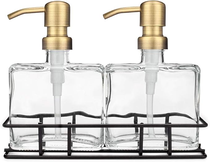 Rail19 Urban Glass Hand and Soap Dispenser Set - Includes Metal Stand Caddy, 8.5oz (Farmhouse Brass)