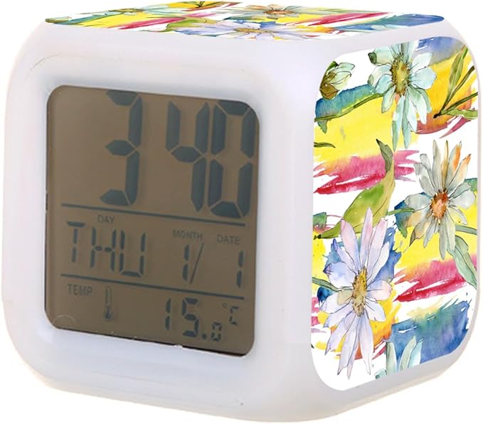 Digital Alarm Clock,Daisy Floral Botanical Flower 7 Color Change LED Digital Alarm Clock with Date Thermometer for Toddlers,Girls and Boys