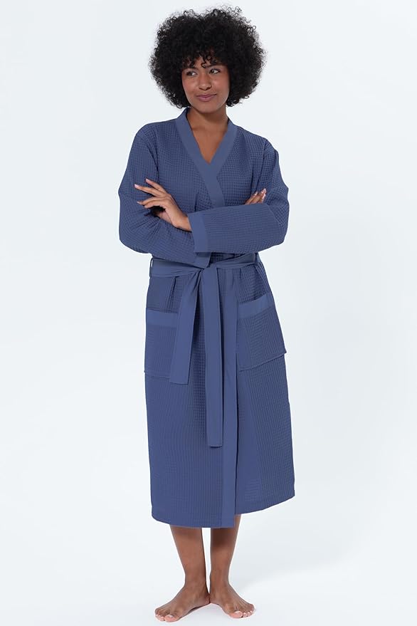 SEYANTE Women's Organic Cotton Waffle Kimono, Hooded Robe – GOTS Certified Lightweight Full-Length Spa Bathrobe with Piping