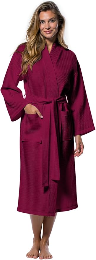 Turquaz Lightweight Waffle Knit Kimono Bathrobe - Soft Cotton Blend Spa Robe, Fast-Drying Full-Length Unisex Robes for Women