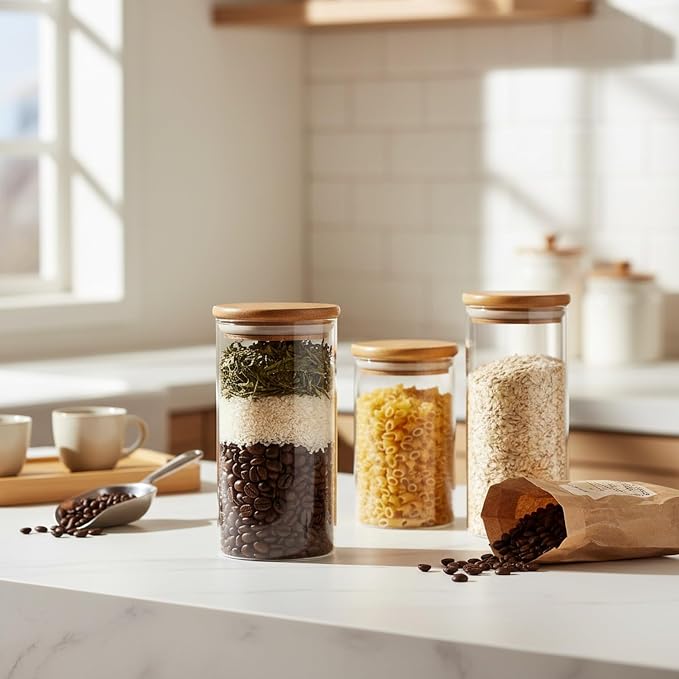 Borosilicate Glass Storage Jars with Bamboo Lids, Clear Kitchen Canisters for Pantry Organization of Dry Goods, Coffee, Tea, and Grains