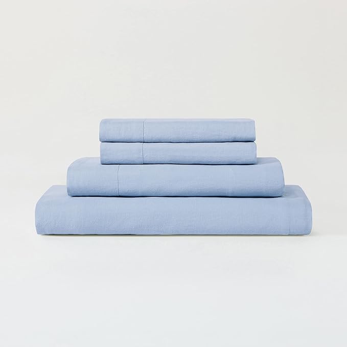 Sijo Stone Washed Organic French Linen Bed Sheet Set, GOTS Certified Organic, Best Cooling Linen Sheet Award by Sleep Foundation, 1 Flat Sheet Only (Sky, King/Cal King)