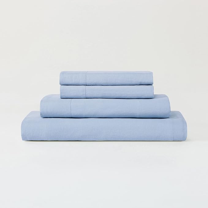 Sijo Stone Washed Organic French Linen Bed Sheet Set, GOTS Certified Organic, Best Cooling Linen Sheet Award by Sleep Foundation, 1 Flat Sheet Only (Sky, Full/Queen)