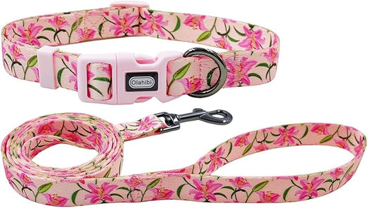 Dog Collar Leash Set, Floral Pattern, Polyester Material, Adjustable Collar and 5ft Matchcing Leash, for Puppy Dogs.(XS, Pink Lily)